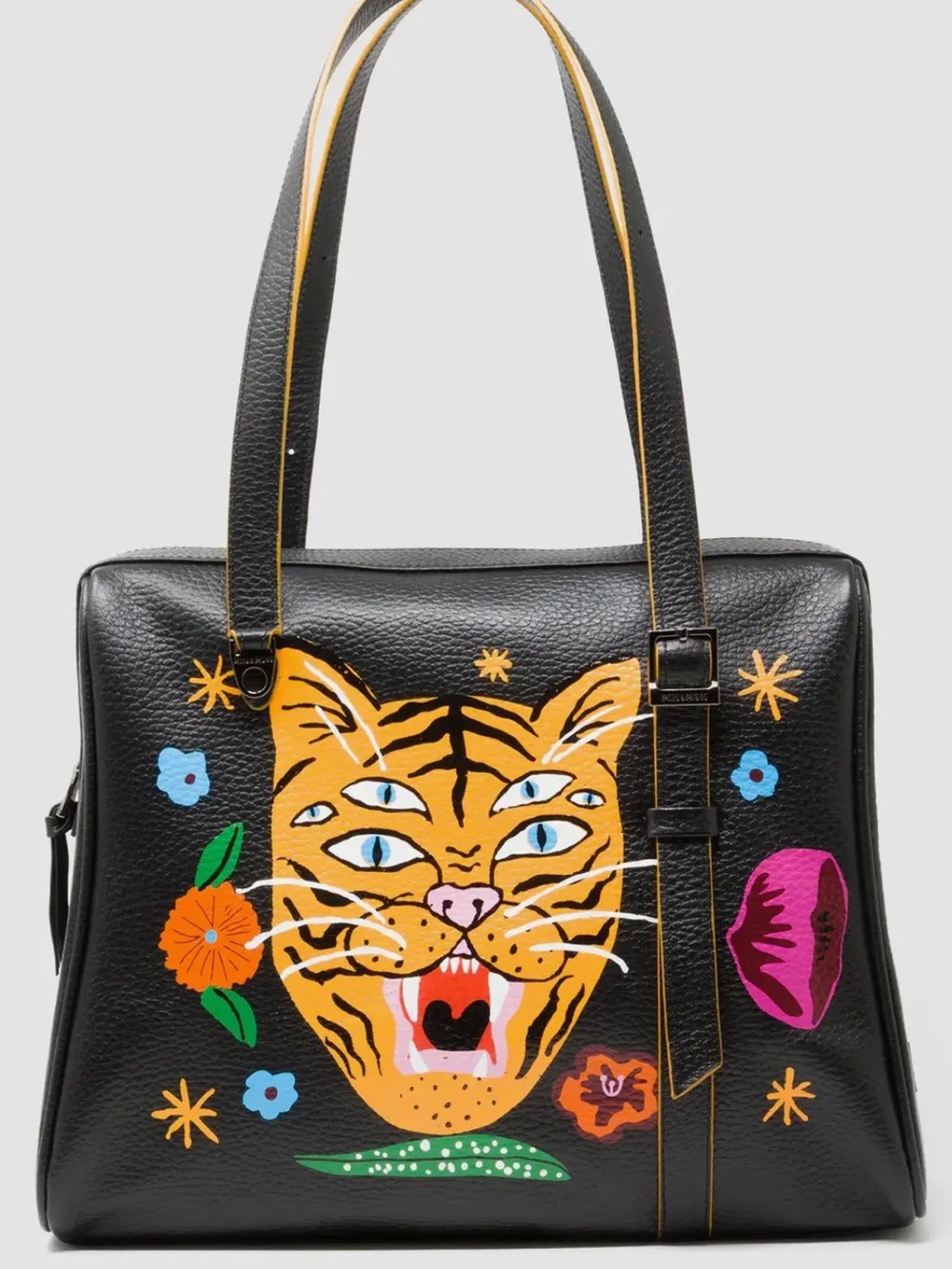 Min & Mon Esther Black Satchel Leather Bag with Multicolor Tiger Print